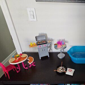 Barbie outdoor space with Grill, table & chairs, food, hammock, firepit and pool